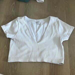 Garage White Ribbed V-Neck Crop Tee
